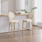 French Country 30 Bar Chairs Set of 2, Upholstered Round Back, Wire Drawing Carving, Disassemblable, Beige