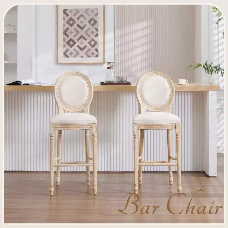 30 chaises de bar de style campagnard, dossier rond capitonné, sculpture filaire, démontables, beiges