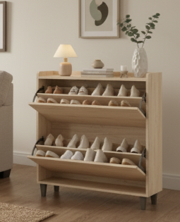 Meuble à chaussures basculant avec étagères en bois réglables, idéal pour les entrées, les couloirs et les salons comme solution de rangement de chaussures discrète.