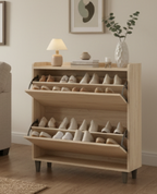 Meuble à chaussures basculant avec étagères en bois réglables, idéal pour les entrées, les couloirs et les salons comme solution de rangement de chaussures discrète.